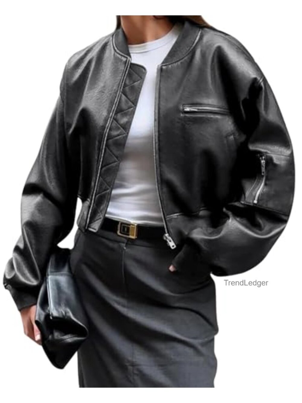 Faux Leather Bomber Jacket Cropped Biker Coat with Pockets